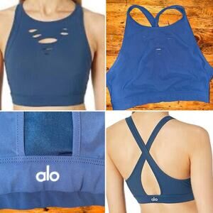 Alo Yoga Ripped Warrior Sport Bra Blue LG EUC